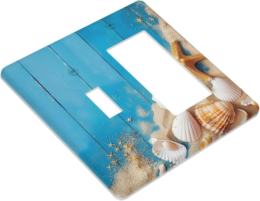 Outlet Covers Blue Wood Grain Beach Shell Starfish 1 Toggle 1 Rocker Combination Decorative Wall Plate Electrical Switch Plates Light Switch Cover Plate for Bathroom Farmhouse Decor
