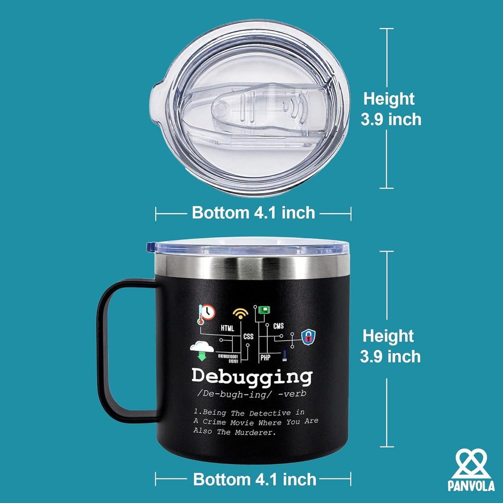 Panvola Debugging Definition Computer Programmer Student Teacher Geek Coder Tech Support Programming IT Insulated Coffee Mug with Handle and Lid Camping Travel Thermal Mugs 14 oz Black