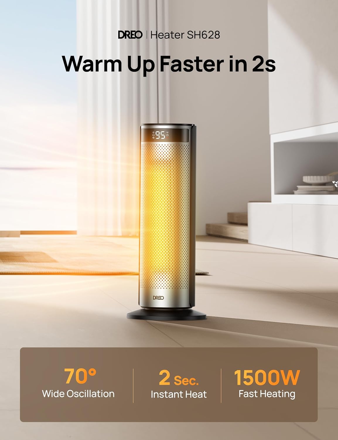 Dreo Space Heater for Large Room, 20 Inch Electric Heaters for Indoor Use, 8 Safe Protection Tower with Dreo FortPlug, 70° Oscillation, PTC Ceramic with Remote, Quiet, 12H Timer, Bedroom, Office