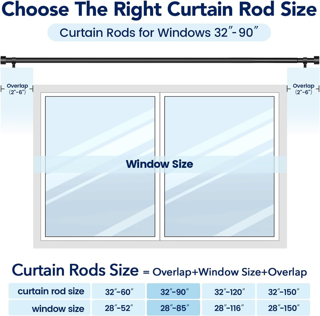 2 Pack Curtain Rods for Windows 48 to 84 Inch(4-7ft), 1 Inch Black Adjustable Heavy Duty Curtain Rod Set, Outdoor Long Drapery Rods for Patio Bedroom, Size 32"- 90"