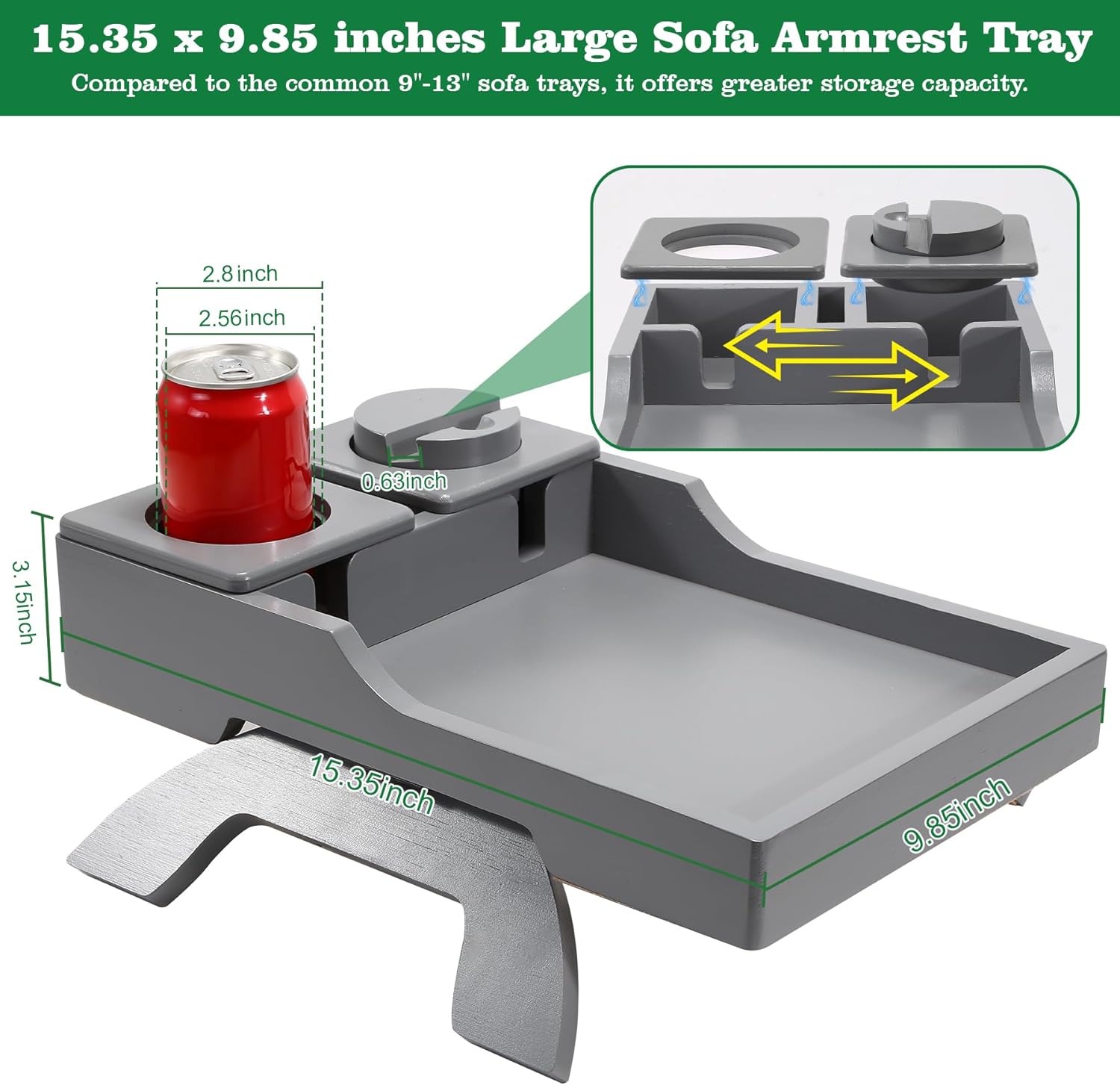 Couch Cup Holder, 4-in-1 Side Couch Arm Tray with Phone Holder, Sofa Clip on Side Table for Wide Couches Arm, Suitable for Home Drinks/Remote/Snacks-Grey