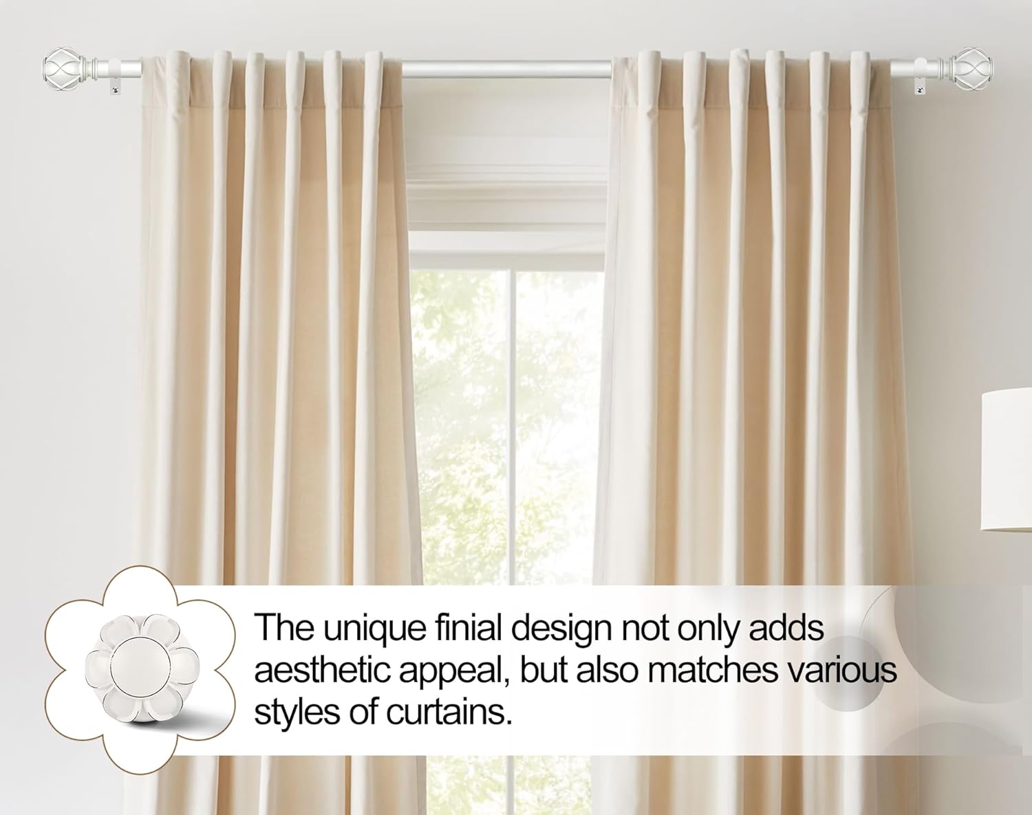 KAMANINA Curtain Rods for Windows 48 to 84 Inch, White Single Heavy Duty Curtain Rod Adjustable, 7/8 Inch Decorative Drapery Rod 32 to 86 Inch(2.6-7.1Ft), Netted Texture End