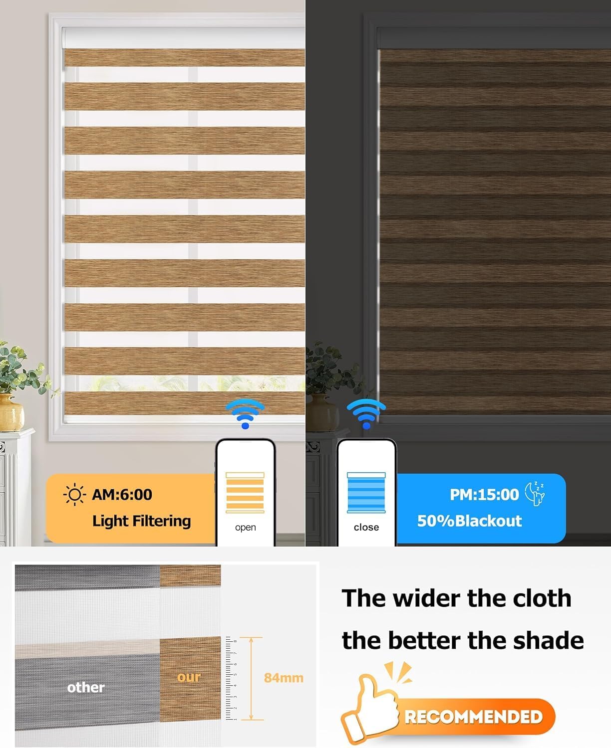 LazBlinds Motorized Zebra Roller Shades, Rechargeable Smart Blinds with Remote Control, Custom Size Light Filtering Dual Layer Roller Sheer Shades, Brown Linen