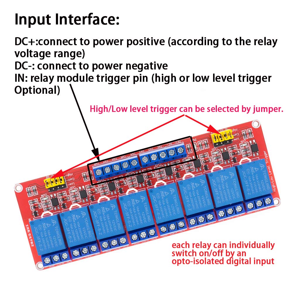 Relay Module with Optocoupler High/Low Level Trigger for Arduino (12, 12V Relay 8 Channel)