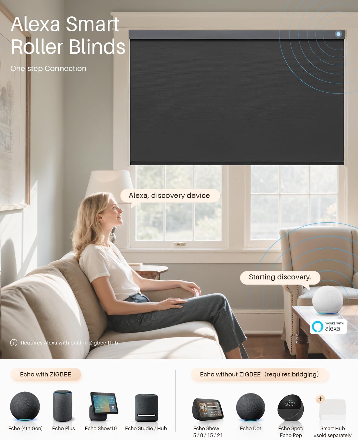 Smart Roller Shades for Windows, Alexa Blackout Motorized Blinds with Remote Control, Easy Install Automatic Electric Blinds for Indoor (43" W x 72" H, Black)