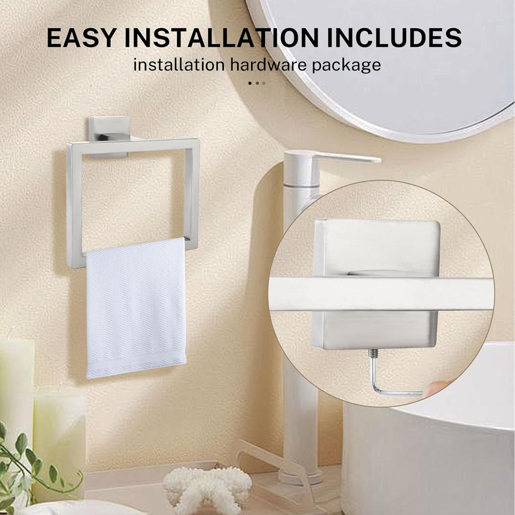 2-Piece Brushed Nickel Square Towel Ring,Modern Hand Towel Holder for Bathroom,Stainless Steel Towel Hangers Wall-Mounted Towel Rack