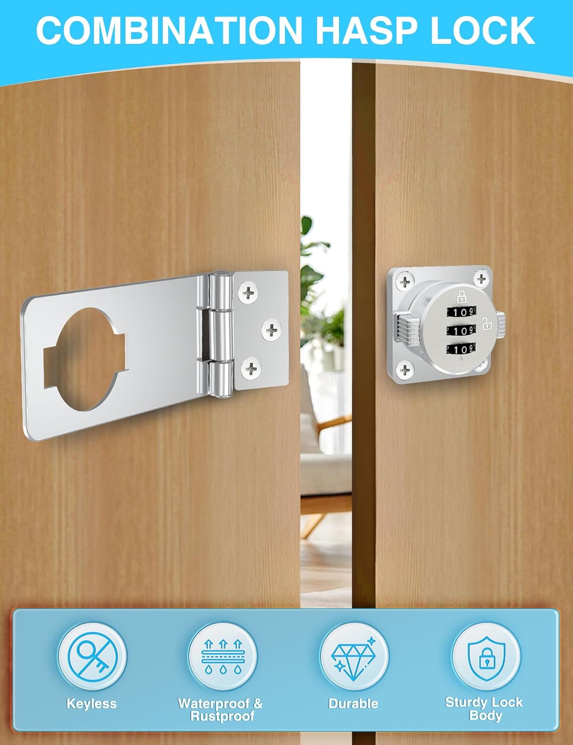 Keyless Cabinet Combination Lock 3-Digit Password Twist Knob Hasp Latch Durable Zinc Alloy Keyless Lock for Doors, Cabinets,Drawers, Closets & Fences (2 Pack, Silver)