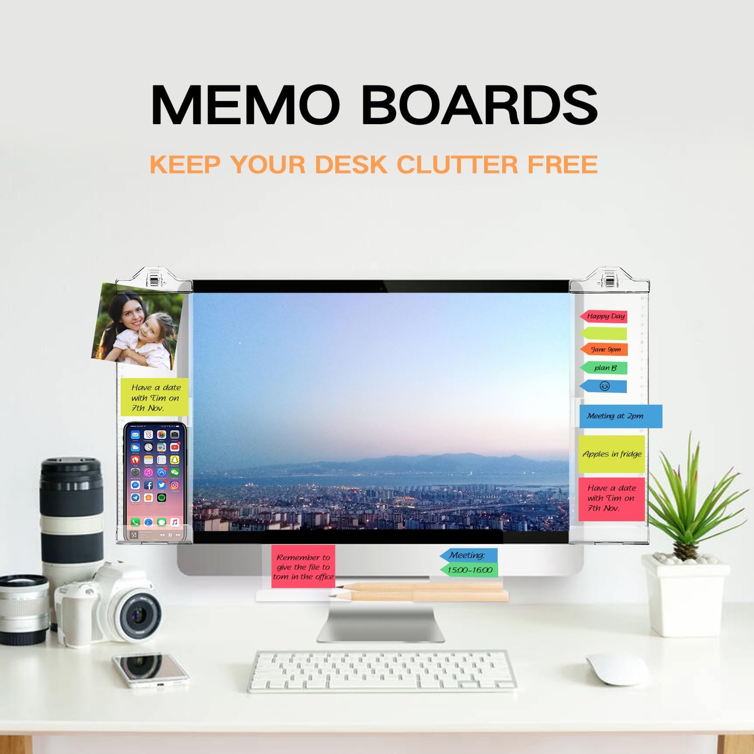 Monitor Memo Boards for Computer, Upgrade Transparent 3 PCS (Left & Right & Bottom) Multifunction Screen Message Reminder Pad Side Panel Phone Holder Organizer for Office Desktop, with Pen Sticky Note