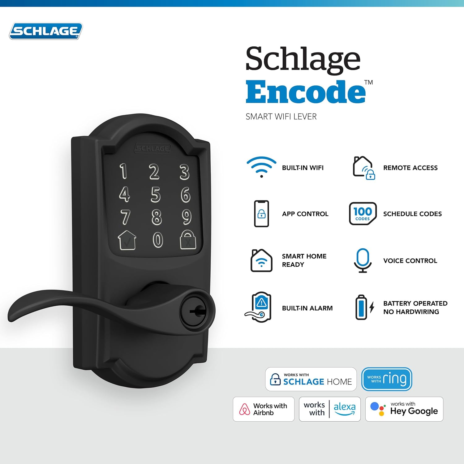 Schlage FE789WB CAM 622 Acc Encode WiFi Accent Lever Smart Lock, Keyless Entry Touchscreen Door Lock with Camelot Trim, Matte Black