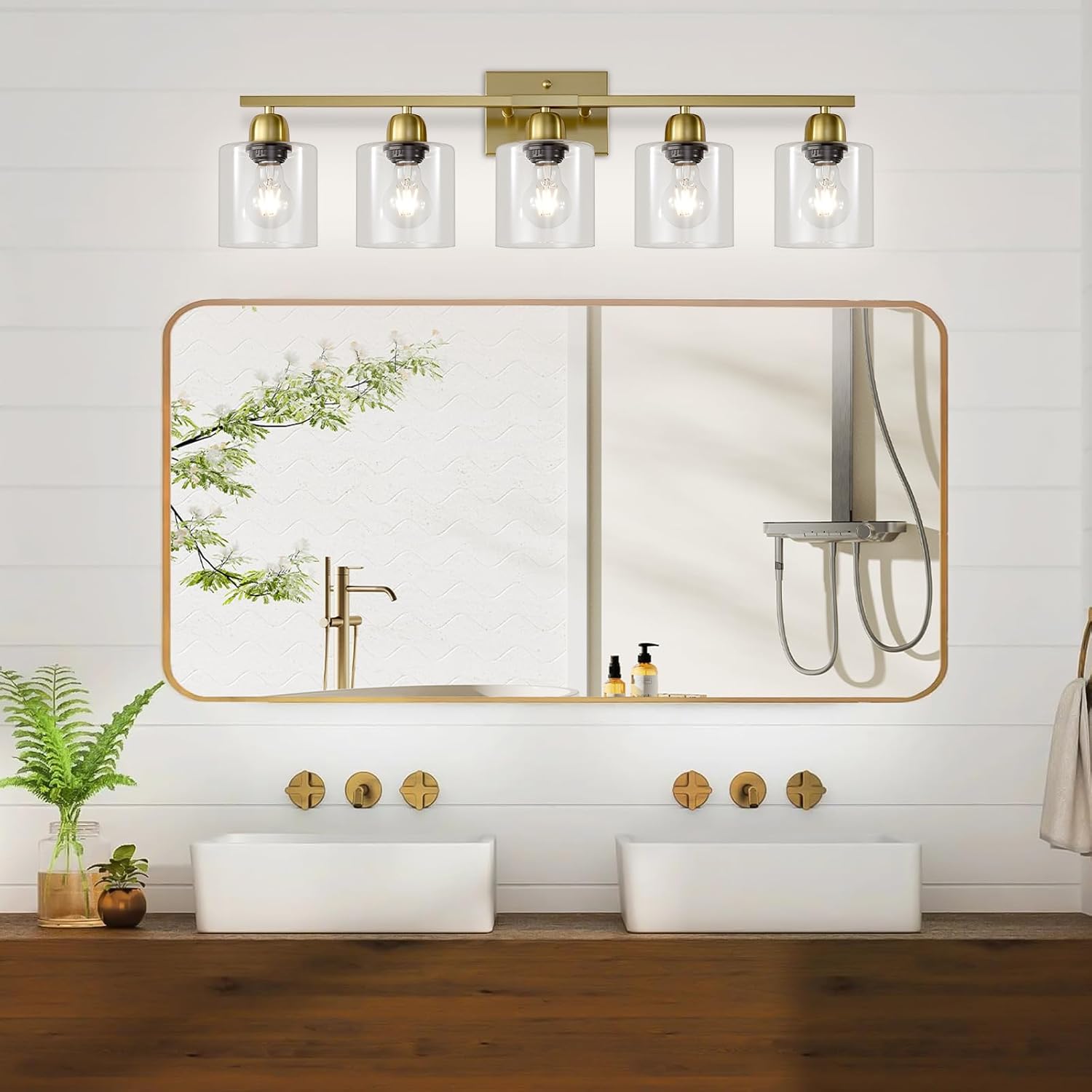 Modern Brushed Gold 5 Light Bathroom Vanity Light,31 inch Vanity Lights for Bathroom with Clear Glass for Mirror Kitchen Living Room Hallway Cabinet Porch
