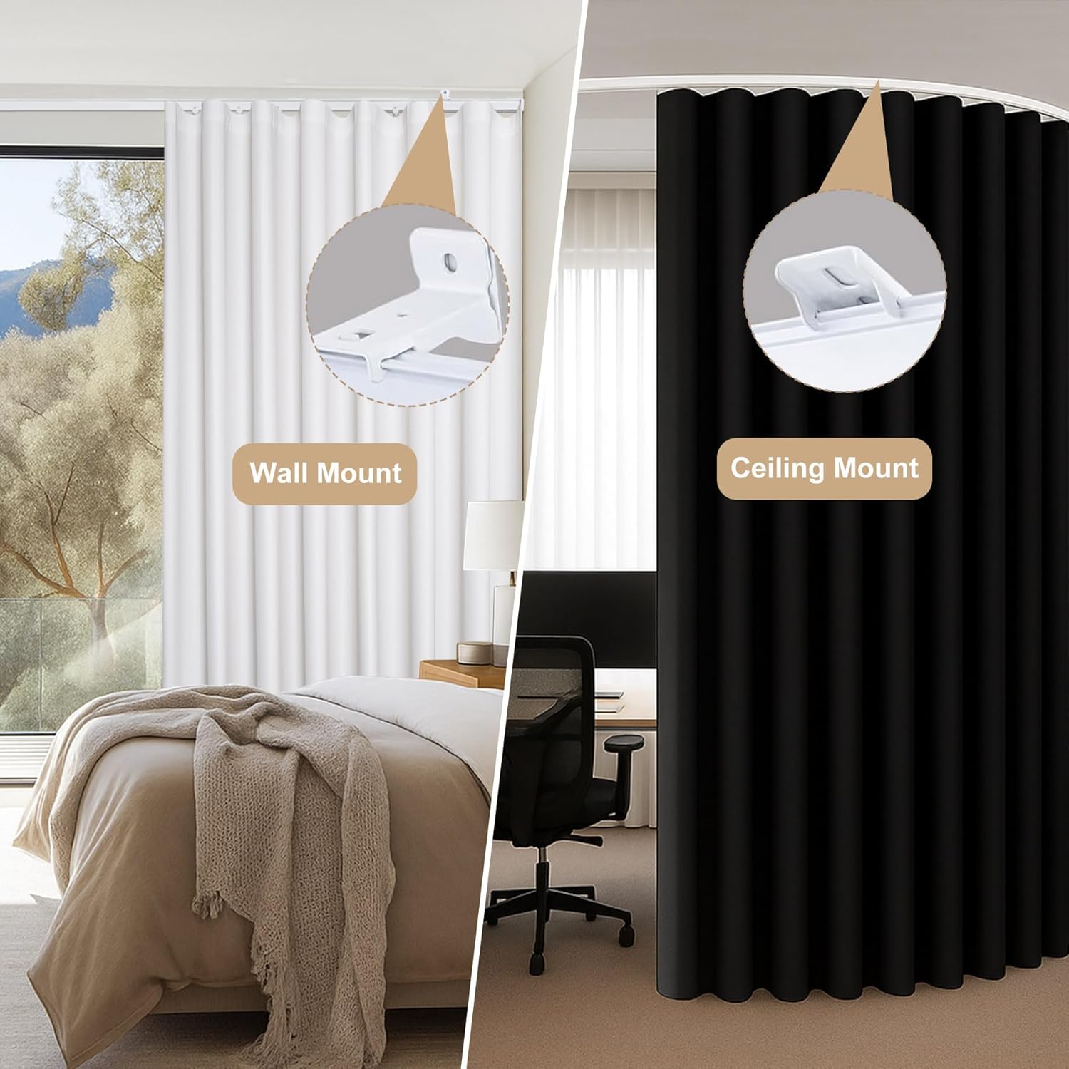 Aluminum Ceiling Curtain Track Set with Hooks Ceiling Mount and Wall Mount Room Divider Sliding Curtain Tracks Rods Flexible Heavy Duty Curtain Rail Hook Sets,White,12FT