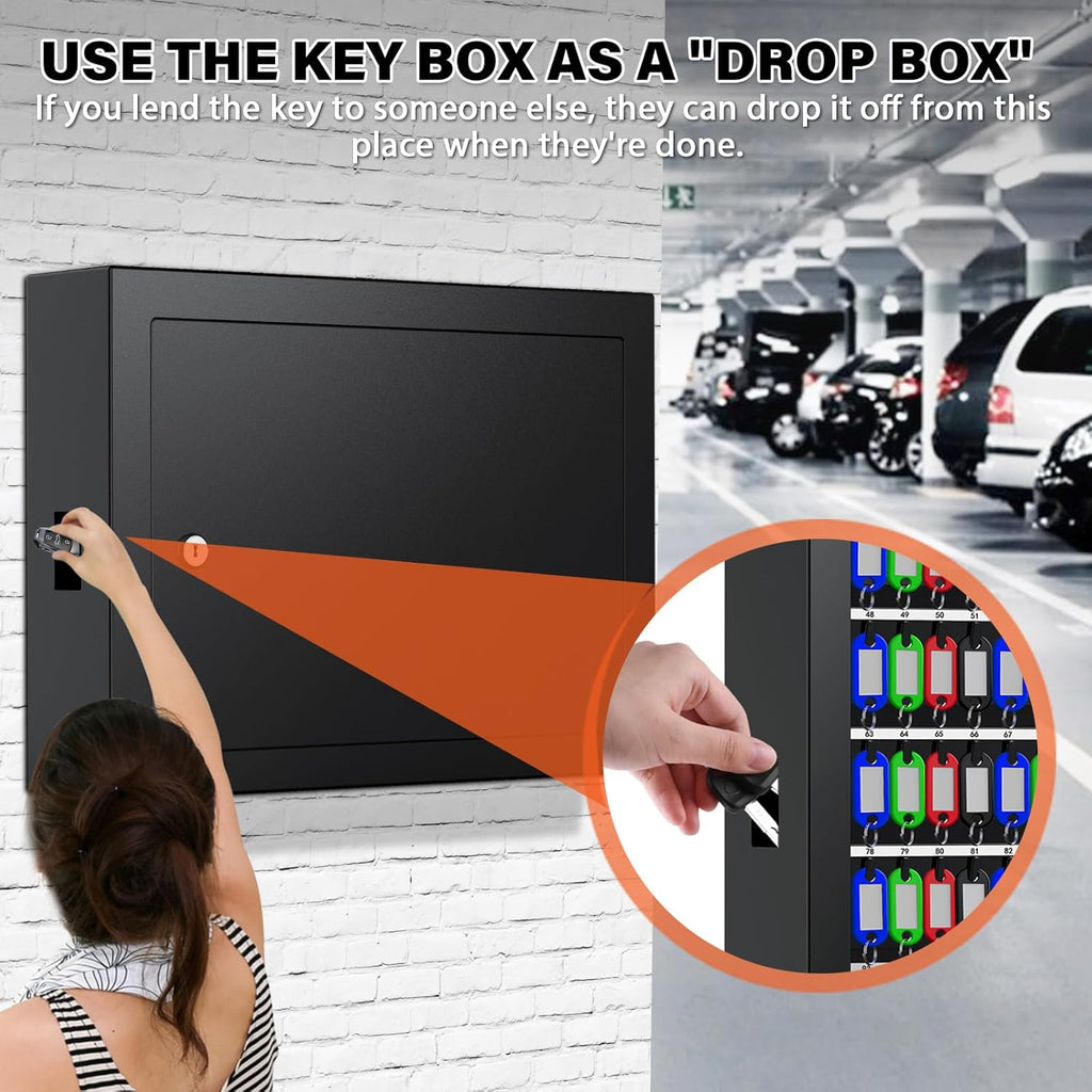 75 Keys Key Lock Box Wall Mount with 75 Colored Key Tags, Anti-Theft Key Box Key Cabinet with Side Opening, Key Organizer Key Safe for Home Office Garage Rental Business
