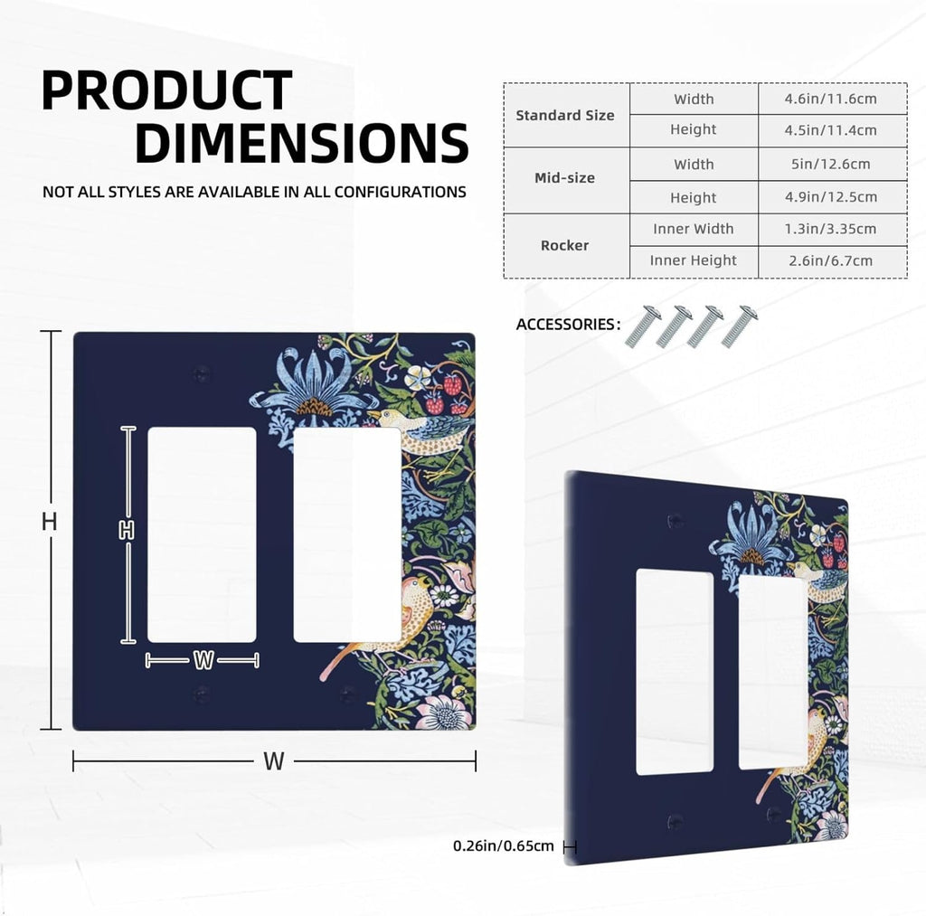 Decorative Outlet Covers Vintage Blue Morris Strawberry Thief Bird Flower 2 Gang Wall Plate Double Rocker Two Switch Wall Cover Plate Jumbo Dual GFCI Faceplate