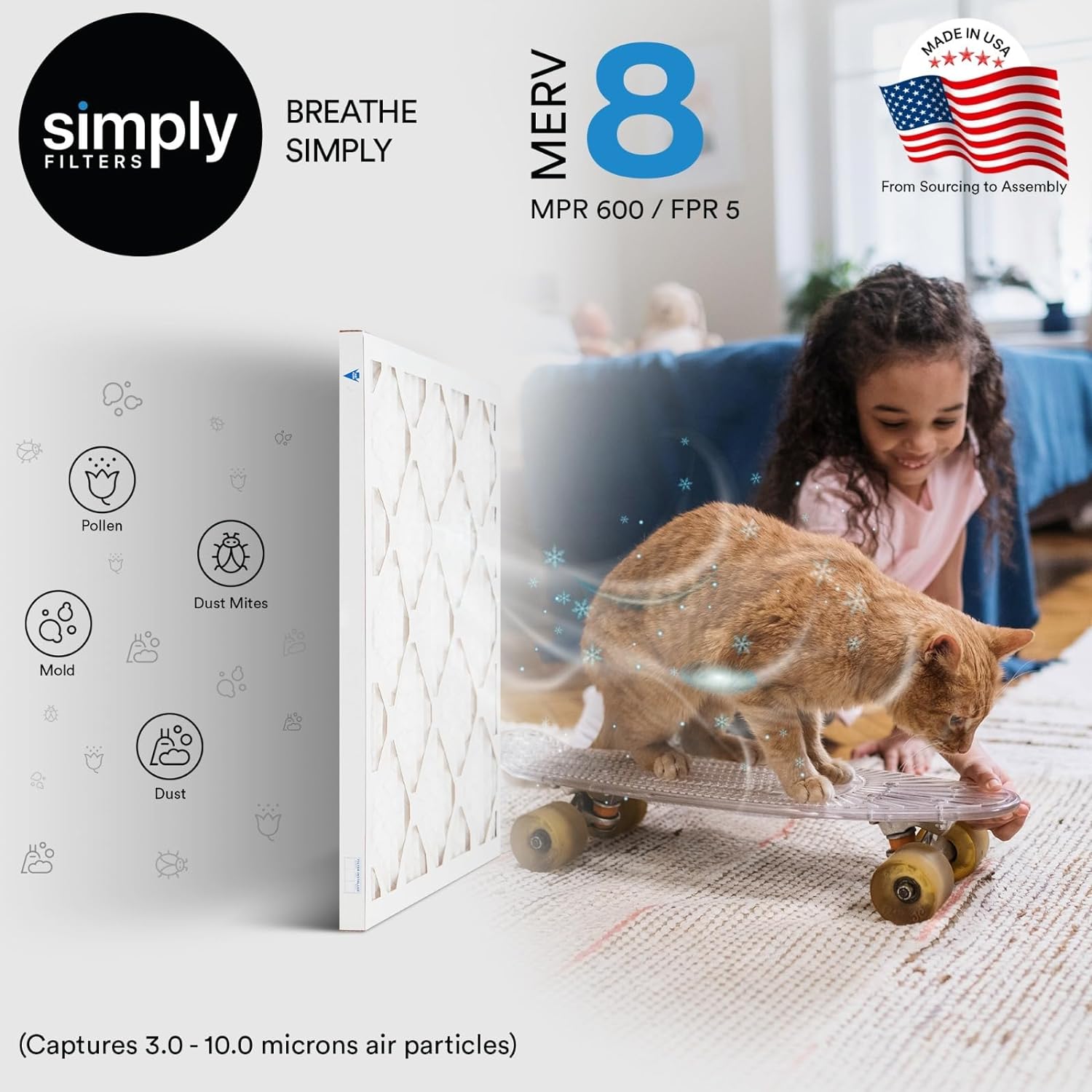 Simply 18x20x1 Air Filter, MERV 8, 6 Pack, For Home AC Furnace & HVAC (Actual Size: 17.81"x19.81"x0.75") DUST, Pet & Allergy Control,
