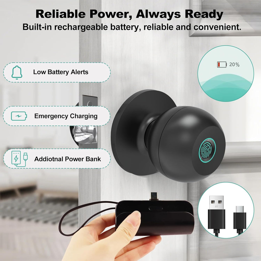 Fingerprint Door Lock, Smart Door Knob, Keyless Entry Door Lock with App Control, Thumbprint Door Knob with Extra Power Bank, Suitable for Home, Apartments, Office - Matte Black