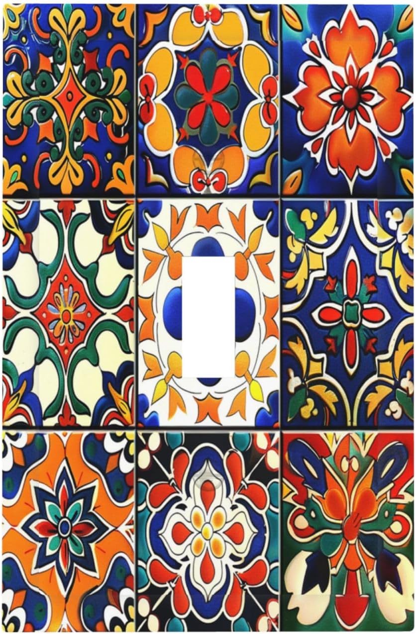 Decorative Light Switch Cover Colorful Mexican Talavera Vintage Boho Floral 1 Gang Single Toggle Device Electrical Faceplate Switchplates Decorator Outlet Wall Plate For Farmhouse