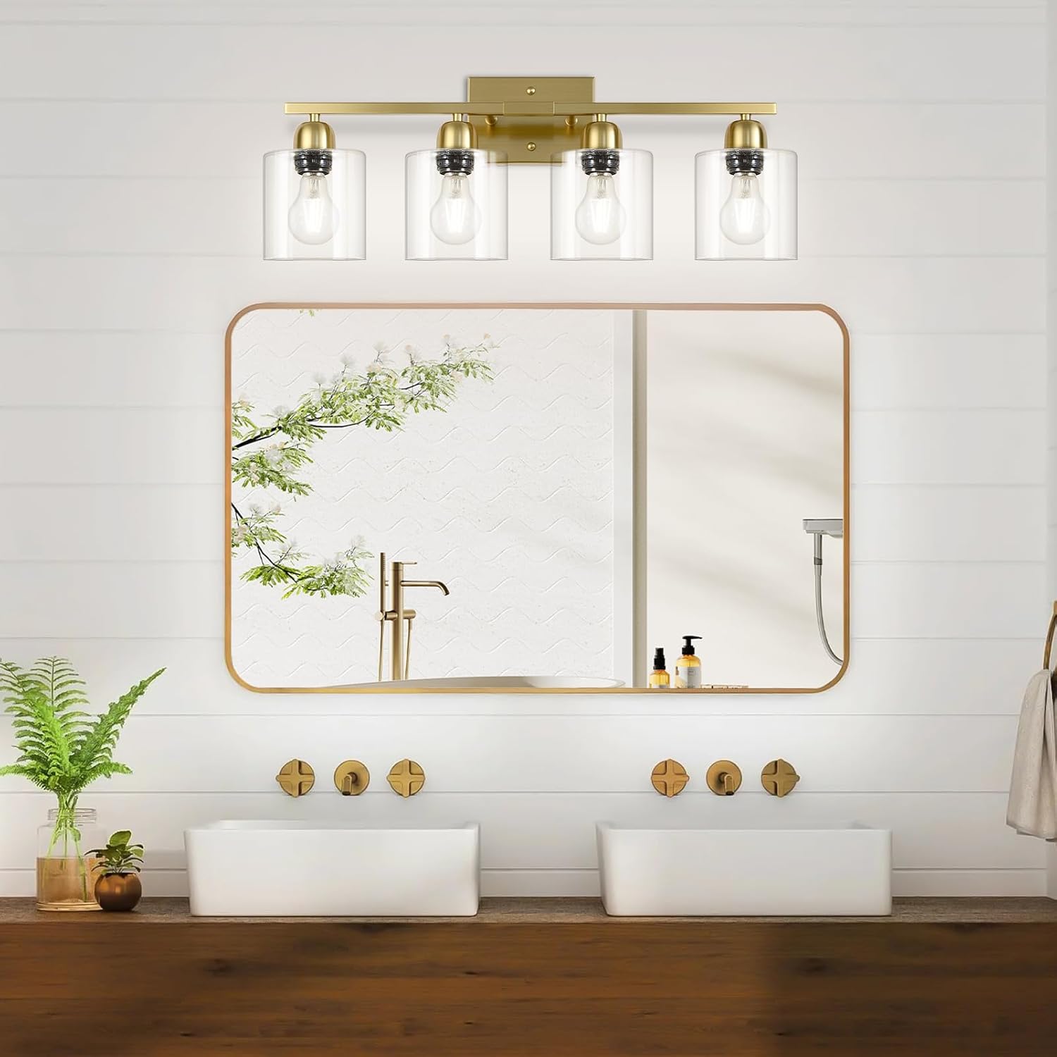 Modern Brushed Gold 4 Light Bathroom Light Fixtures, 24 inch Vanity Lights for Bathroom with Clear Glass, Bathroom Vanity Light for Mirror Kitchen Living Room Hallway Cabinet Porch