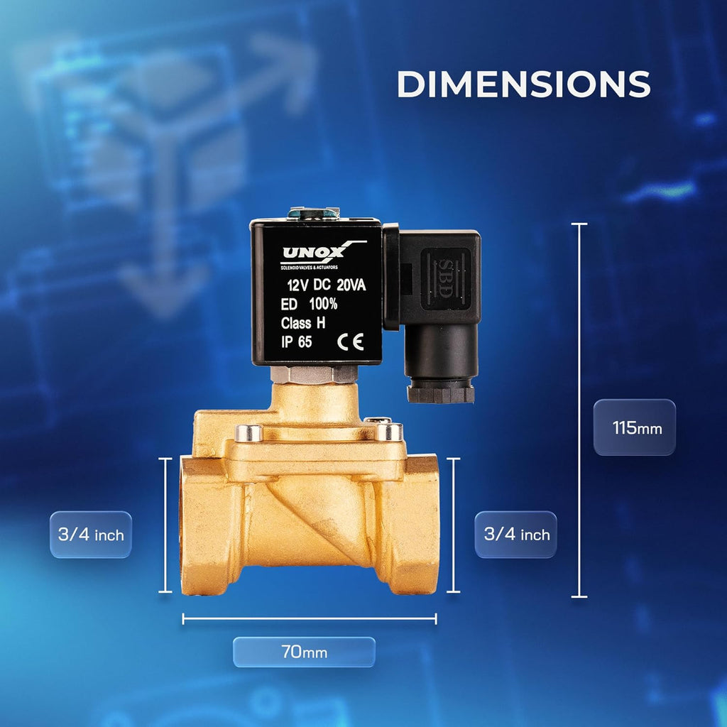 UNOX 3/4" NPT Solenoid Valve 12V DC, Brass Control Valve Normally Closed - 7-232 PSI Multi-Purpose Reliable Control Valve for Water, Air, and Gas - Solenoid Valves