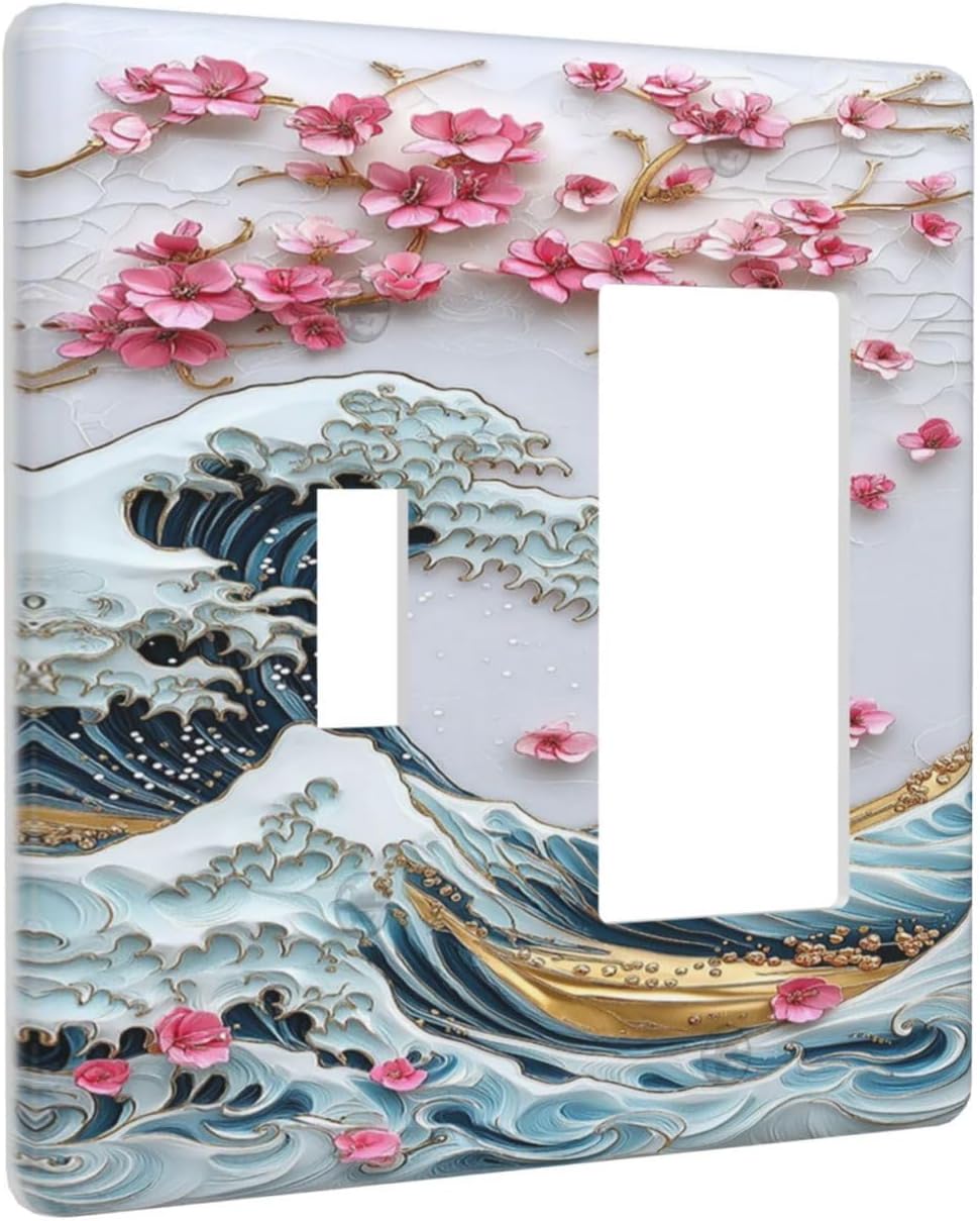 Outlet Covers The Great Wave Off Kanagawa With Sakura 1 Toggle 1 Rocker Combination Decorative Wall Plate Electrical Switch Plates Light Switch Cover Plate for Bedroom Bathroom Decor