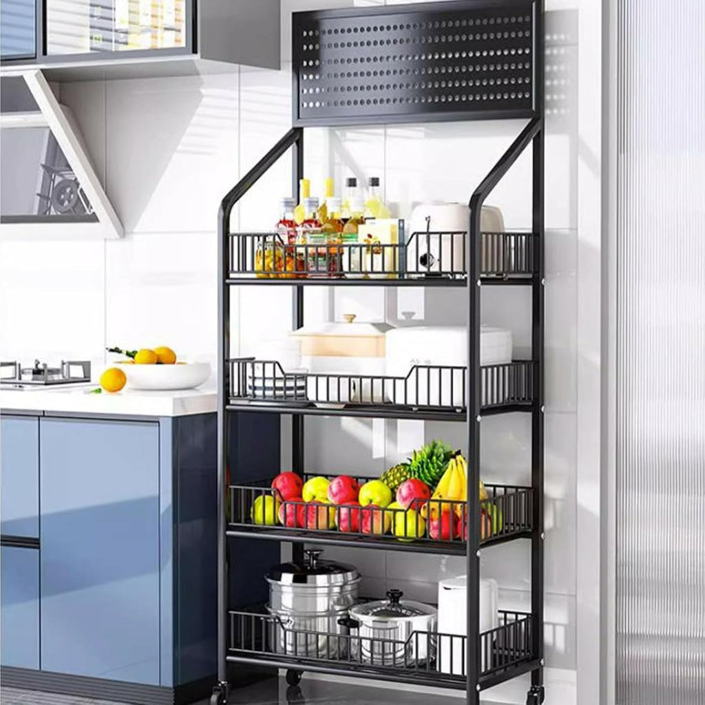 5-Tier Retail Display Rack, Metal Snack Display Stand with Wheels and Hooks, Multi-Functional Shelf, Easy to Assemble, Suitable Storage Rack for Home, Supermarket, Drugstore (Black, 5-Tier)