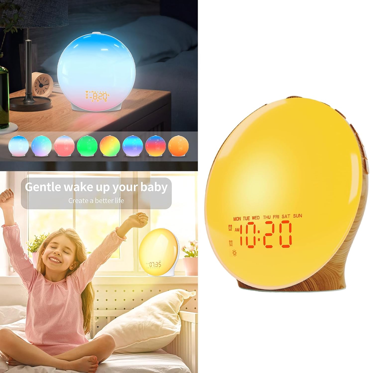 Full Screen Wood Grains Wake Up Lamp with Soft LED Lighting and Color Sunrises Simulation Digital Alarm Clock