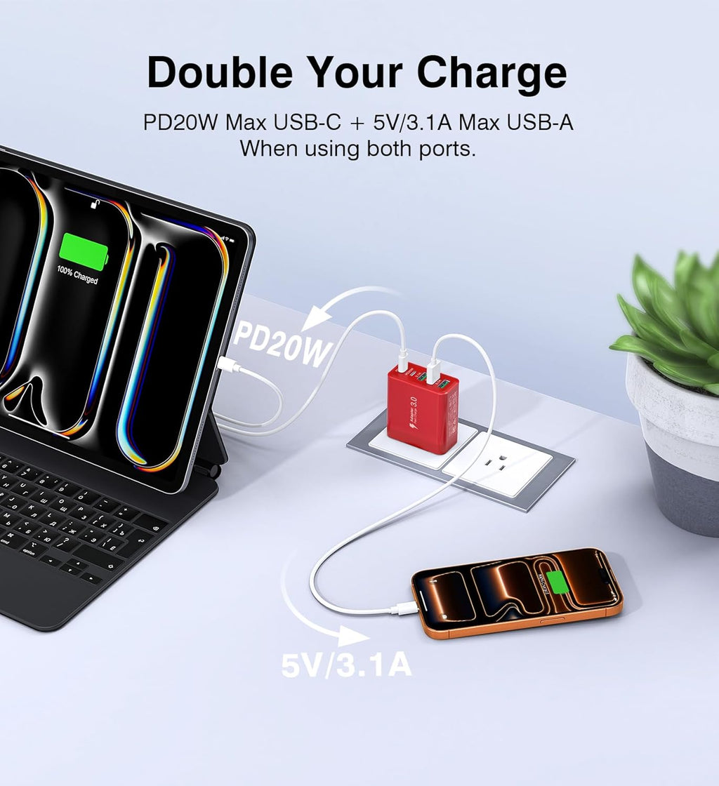 [2-Pack] USB C Wall Charger, 60W Fast USB C Charger Block, 5-Port PD Power Adapter + QC Wall Plug Multiport Type C Charging Block Cube Compatible with iPhone 17 16 15 14 13 12 Pro Max XR XS, Red