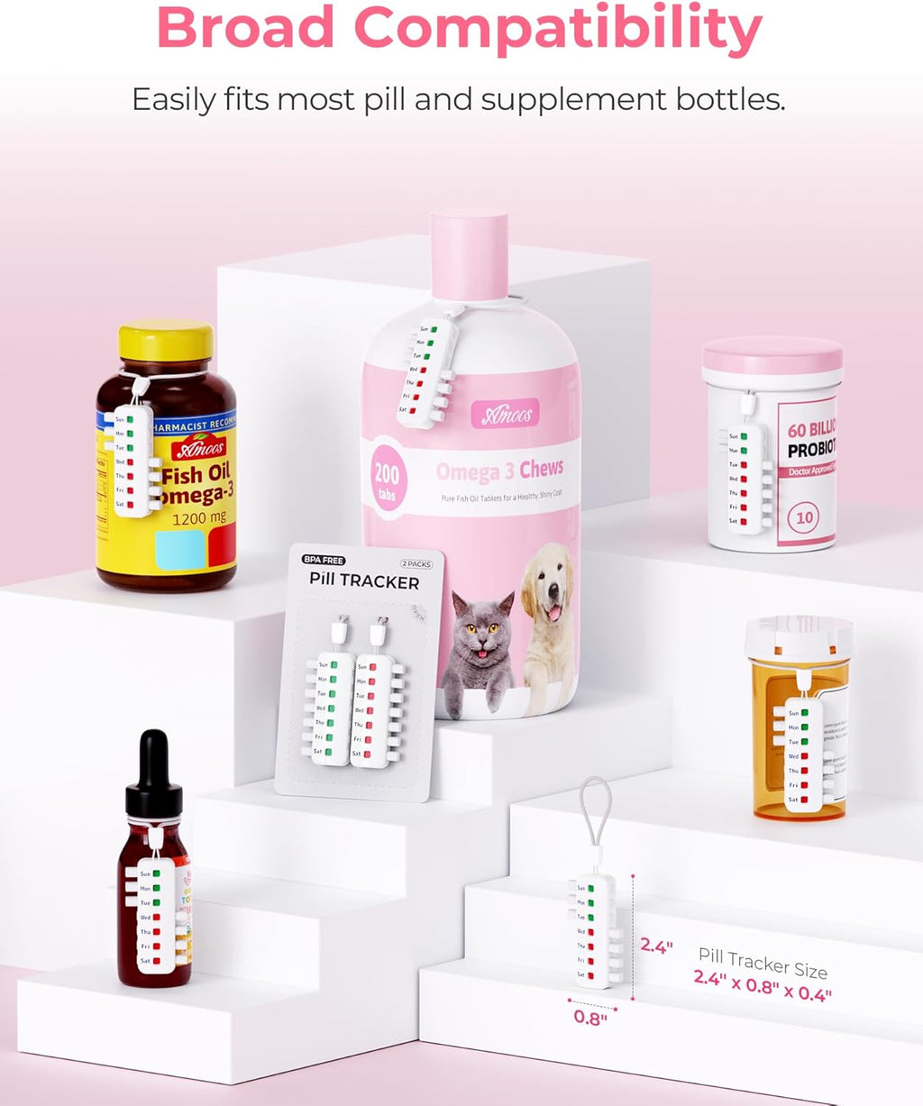 Pill Reminder for Easy Tracking Without Refills, Reusable Pill Tracker for Vairous Bottles, Arthritis-Friendly & Anti-Slide Medication Tracker, Compact Medicine Reminder for Pet Meds, White, 2-Pack