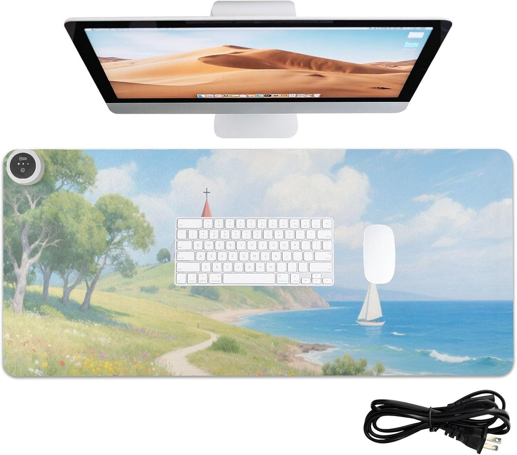 Large Heated Mouse Pad,Leather Desk Mat,31.5"x13", Hand Warmer Pads for Desk,Sea Flowers(Sky Blue)