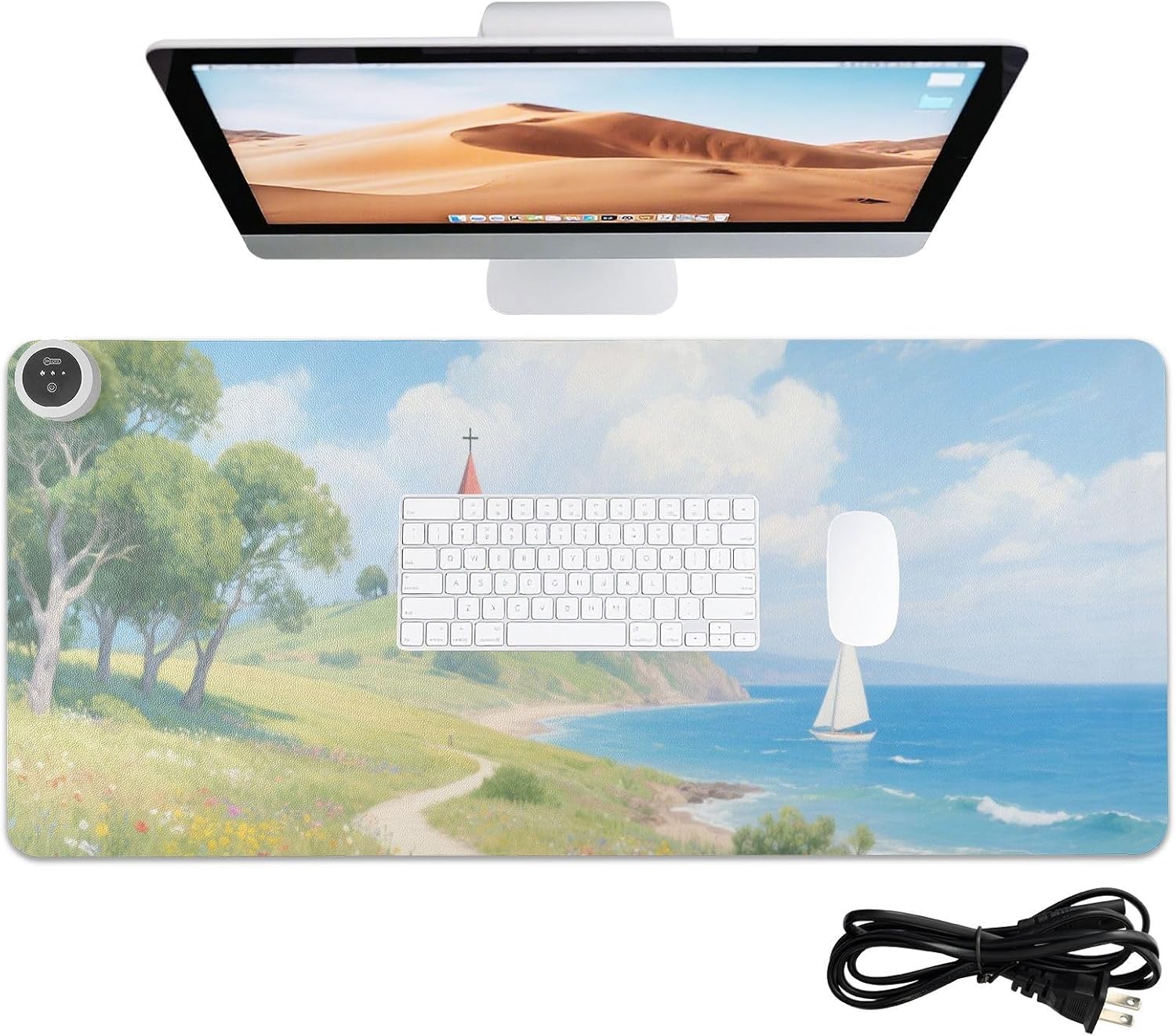 Large Heated Mouse Pad,Leather Desk Mat,31.5"x13", Hand Warmer Pads for Desk,Sea Flowers(Sky Blue)