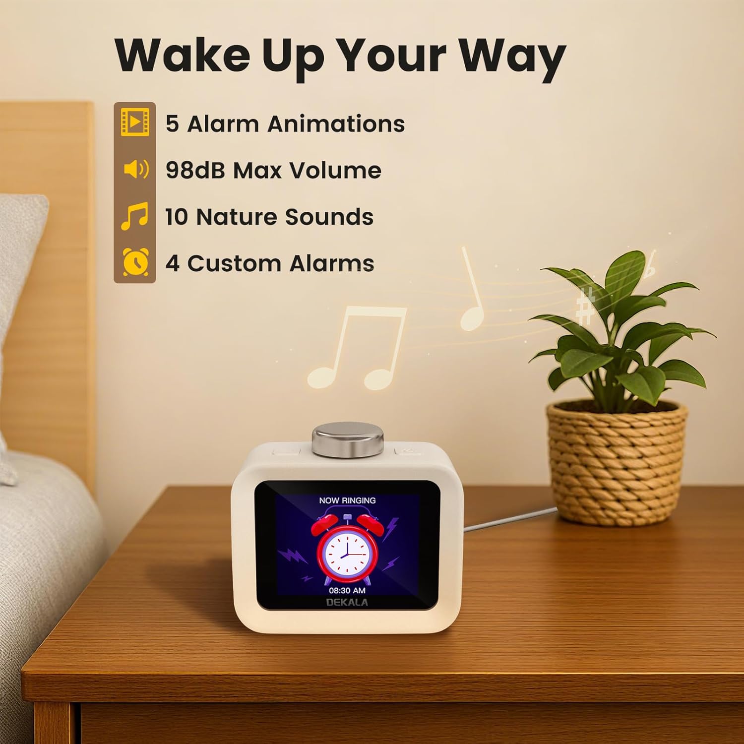 Dekala ChronoSense Alarm Clock for Bedroom Temperature Humidity, 7-Day Programmable 4 Alarms, 100dB Loud Gradual Alarm for Heavy Sleeper, Visual Timer Clock Radio，White Noise Sound Machine