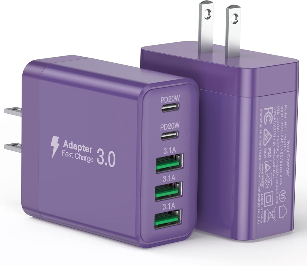 [2-Pack] USB C Wall Charger, 60W Fast USB C Charger Block, 5-Port PD Power Adapter + QC Wall Plug Multiport Type C Charging Block Cube Compatible with iPhone 17 16 15 14 13 12 Pro Max XR XS, Purple
