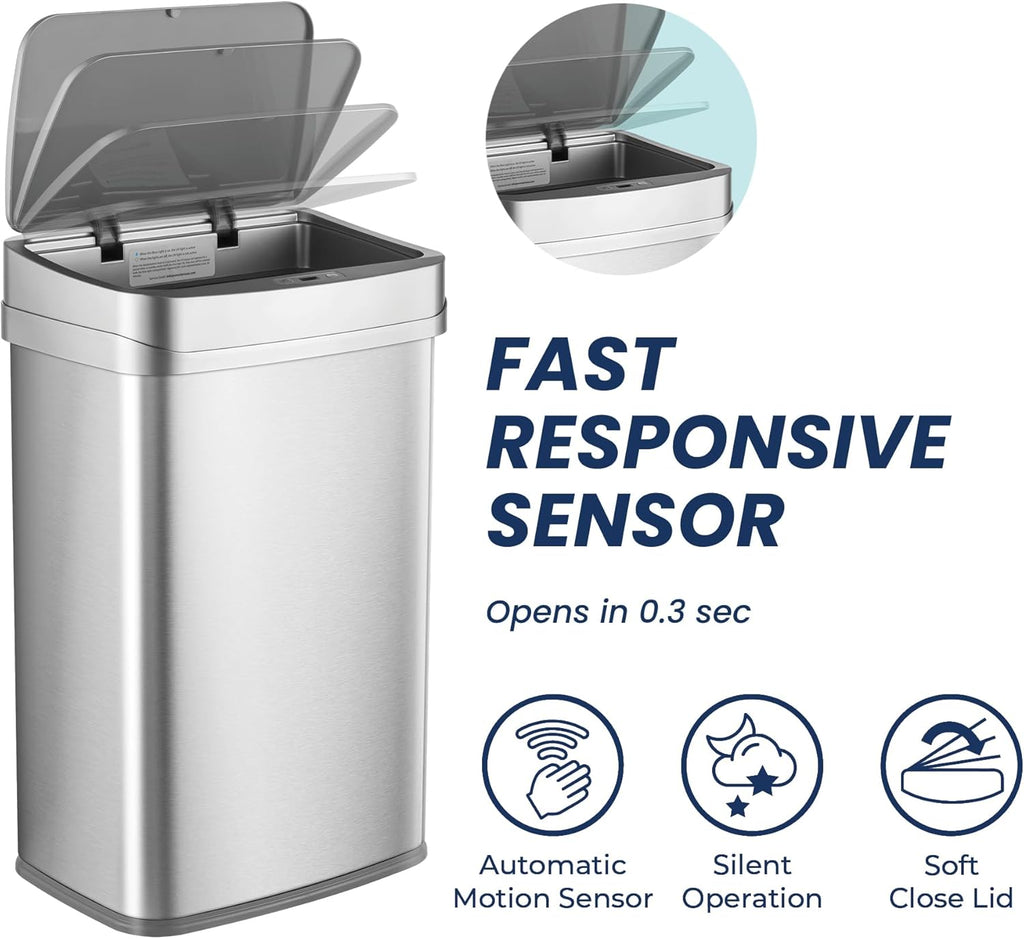 Ninestars 13 Gallon Odor Neutralizing Smart Trash Can, UV + Ozone Dual Purification, Odor Control Motion Sensor Garbage Bin, Universal Power Adapter, ONT-50-81SL Stainless Steel, Silver, Nova Series