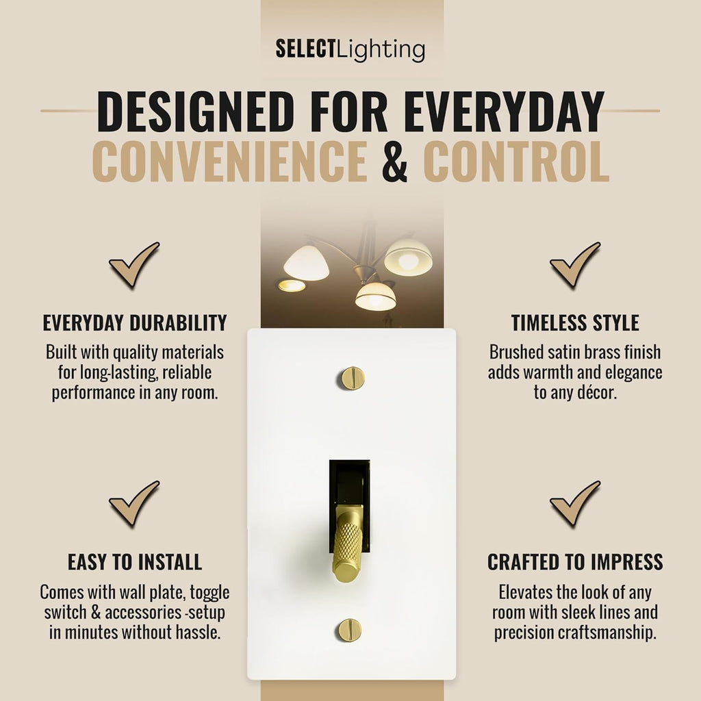 Select 15A 120V AC 1-Gang Toggle Switch, White with Solid Brass Vintage Style Single Pole 3 Way Compatible Wall Mount Toggle Switch, Included Faceplate & Switch Module, UL Listed