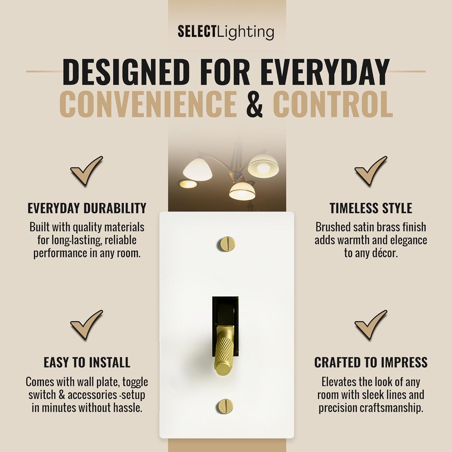 Select 15A 120V AC 1-Gang Toggle Switch, White with Solid Brass Vintage Style Single Pole 3 Way Compatible Wall Mount Toggle Switch, Included Faceplate & Switch Module, UL Listed