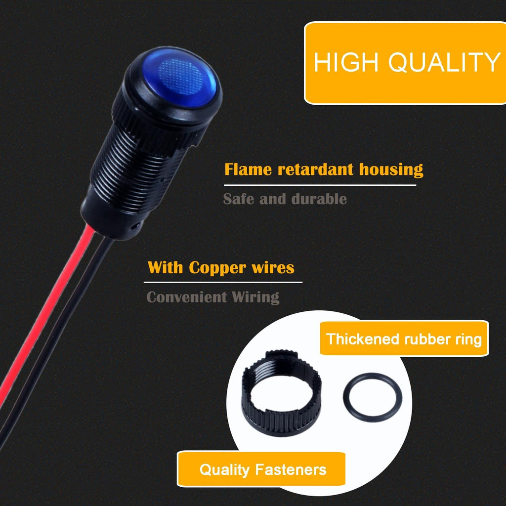 5pcs 10mm LED Indicator Light Plastic Black Signal Dot Lamp 12V-24V 2/5" Mounting Hole Size with 15cm/5.9in. Wire (Blue LED)