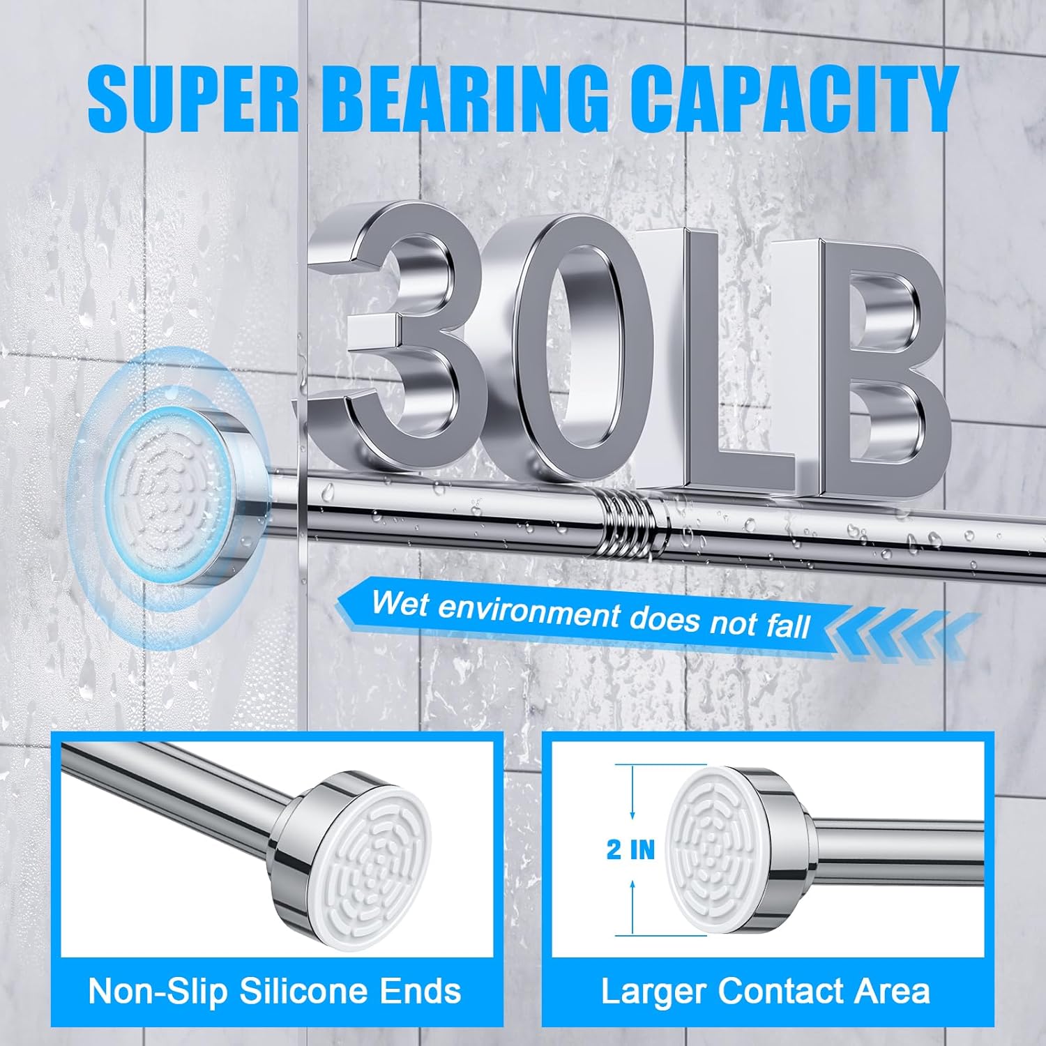 TEECK Shower Curtain Rod, 32-68 inch Adjustable Spring Tension Curtain Rod, Never Rust Anti-Slip Shower Curtain Rod for Bathroom, No Drilling, Never Collapse, Easy to Use, Silver