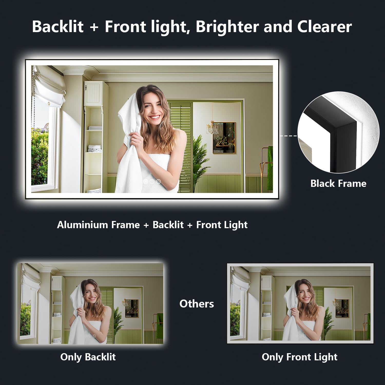 66x40 Inch LED Bathroom Mirror with Lights (Front Lit and Backlit) Black Framed Lighted Vanity Mirror for Bathroom Wall Dimmable Anti-Fog Memory Tempered Glass Horizontal/Vertical