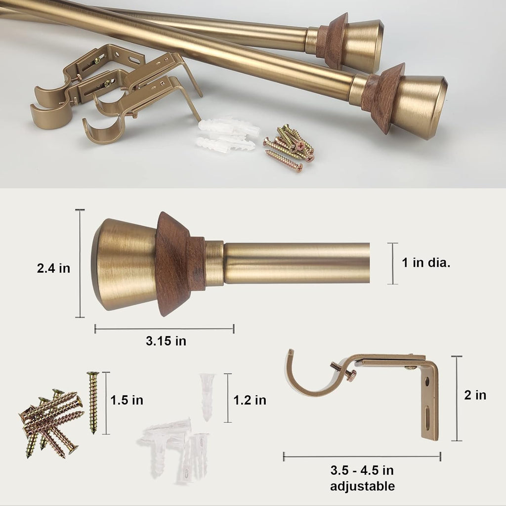 Modern Style Single Curtain Rod Set with Antique Brass Round Wood Look Finial, 36-72 in, Standard Single Whtie Drapery Rod for 1 Pack, 1 in diameter, Adjustable Length