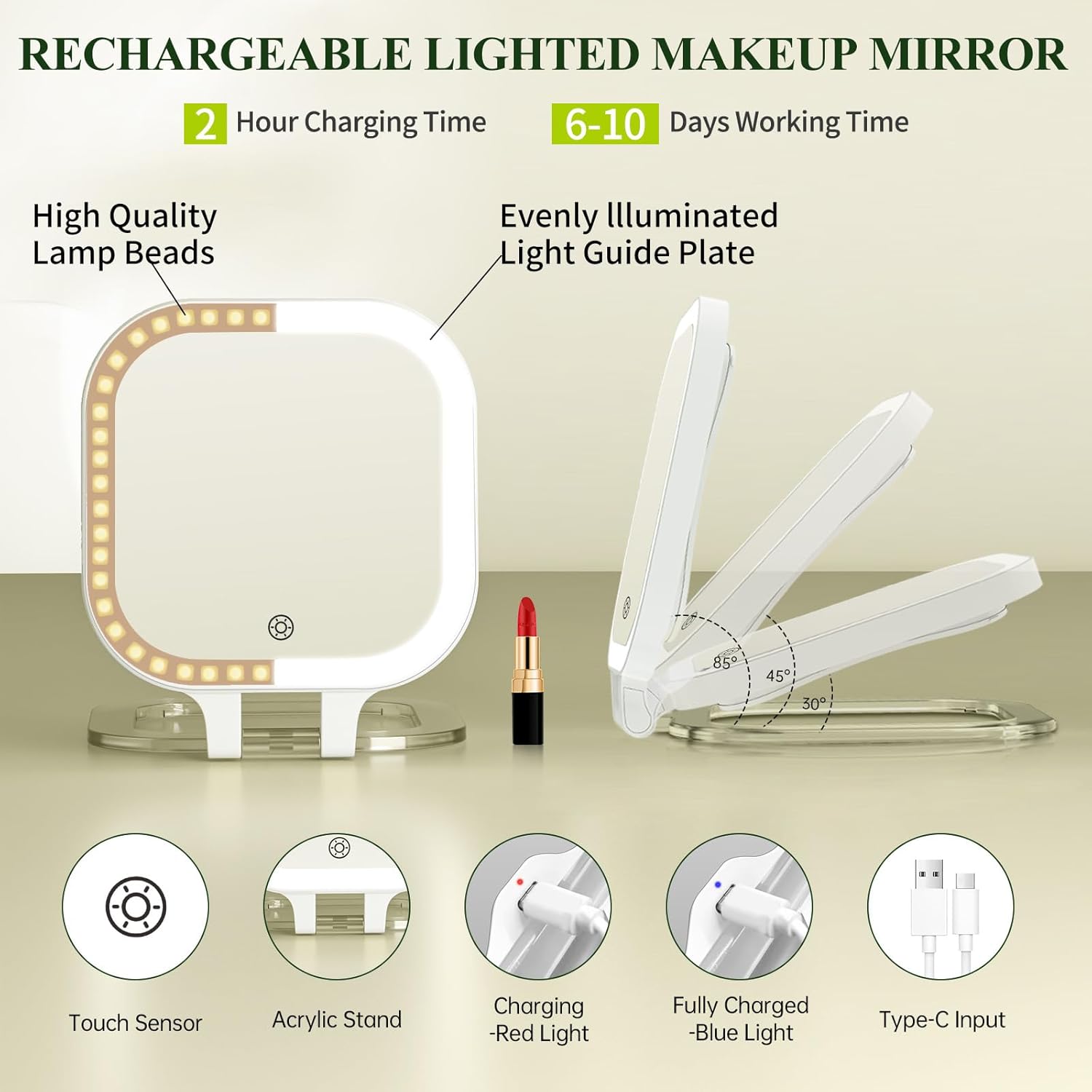 FUNTOUCH 30X Magnification Lighted Makeup Mirror,Double Sided Travel Vanity Mirror with Lights,Rechargeable 3 Color Lights & Adjustable Brightness, 300°Rotation, Foldable Portable for Christmas