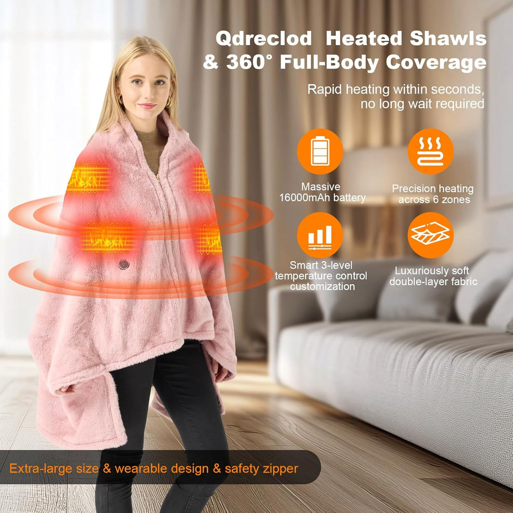 Cordless Heated Blanket Battery Operated with Fleece Lining 7.4V 16000mAh Battery Portable Wearable Heated Shawl for Women Men 6 Heating Zones 3 Fast-Heating Levels (Battery Included)