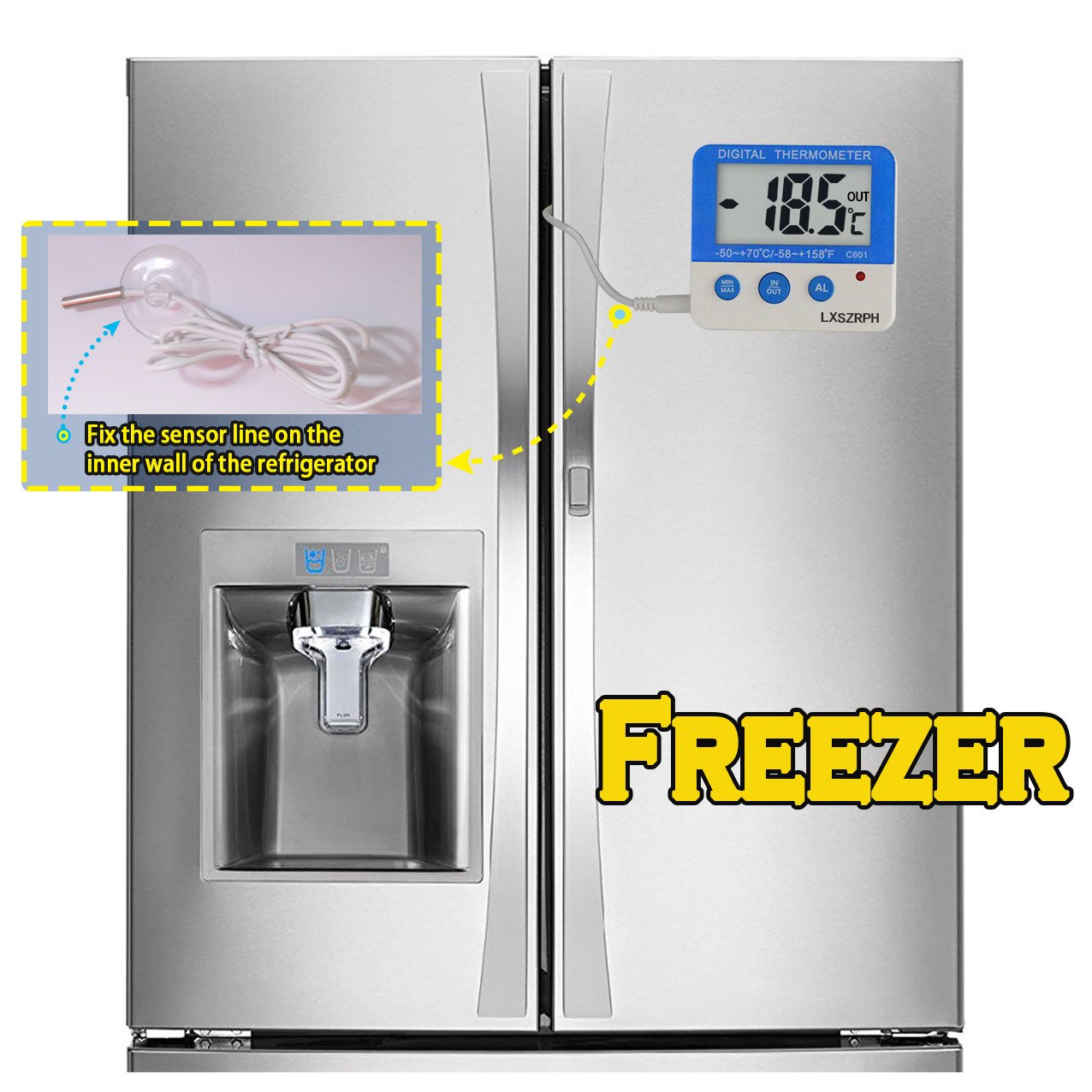 Fridge Freezer Thermometer Max/Min Memory High & Low Temperature Alarms Settings with LED Indicator Digital Refrigeration Thermometer with Magnetic,Stander 2 Pack