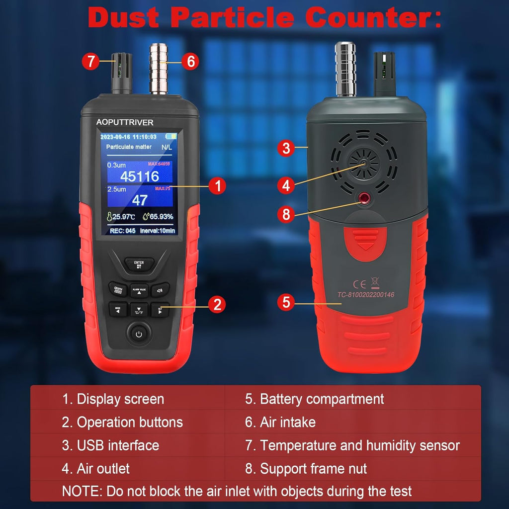 Portable Particle Counter, Handheld Dust Monitor 1000μg/m³PM2.5 Detects 6-Channel 0.3μm-10μm Particles, 14644-ISO9 Level Standard Air Pollution Monitor w/Temp & Humidity for Indoor Cleanroom