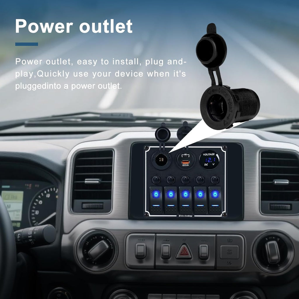 5 Gang Marine Boat Switch Panel with Dual USB Charger & Voltmeter, Waterproof Aluminum Rocker Switch Panel for Marine Automotive Truck RV Trailer with Lighter Socket Press Protector, 12/24V Black