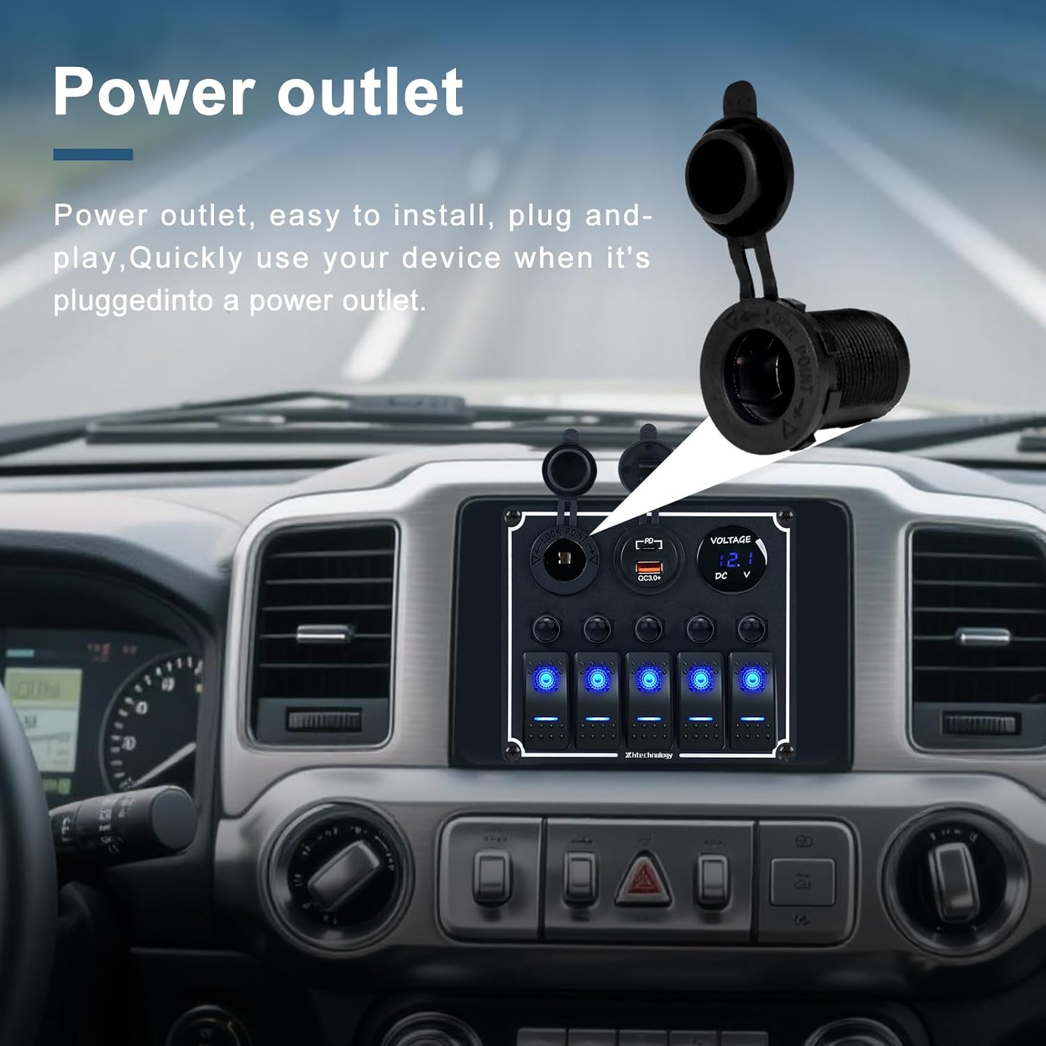 5 Gang Marine Boat Switch Panel with Dual USB Charger & Voltmeter, Waterproof Aluminum Rocker Switch Panel for Marine Automotive Truck RV Trailer with Lighter Socket Press Protector, 12/24V Black