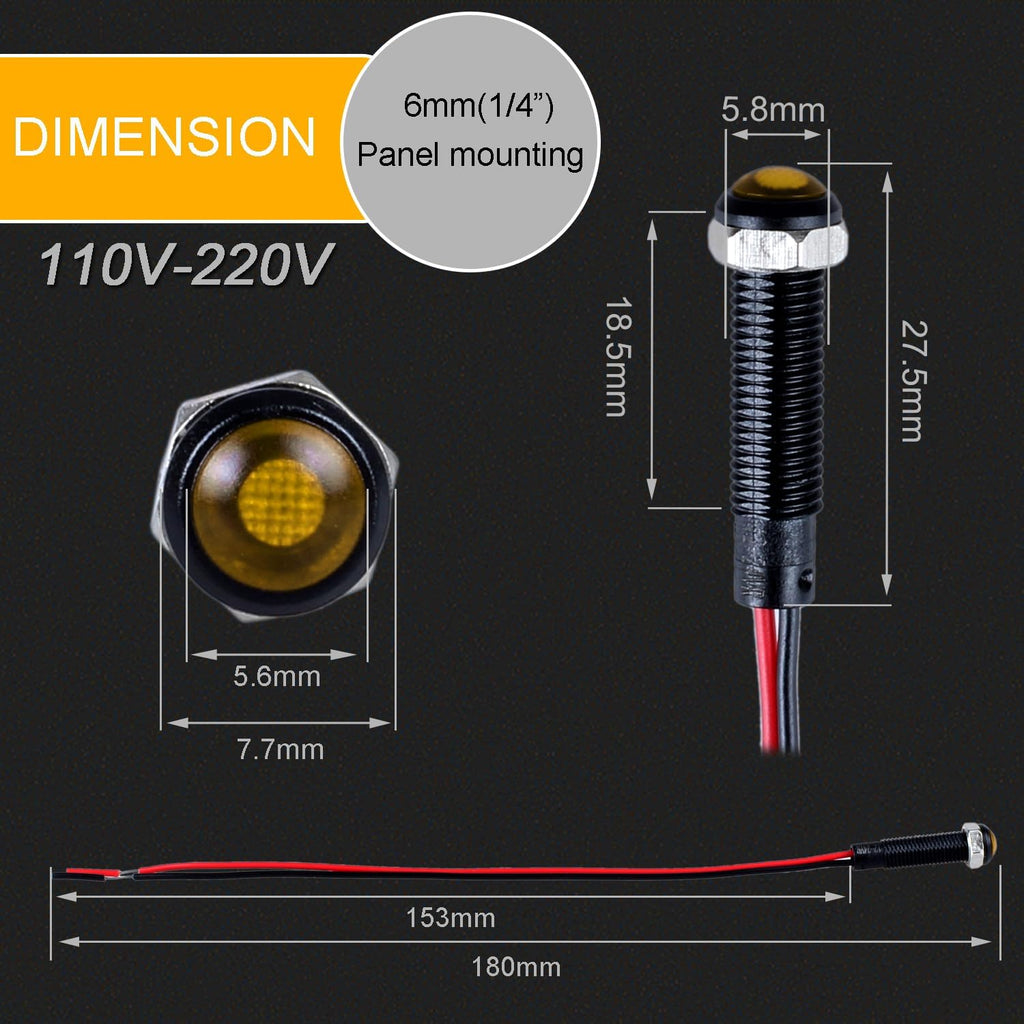 5pcs 6mm LED Indicator Light Plastic Black Signal Dot Lamp 110-220VAC 1/4" Mounting Hole Size with 15cm/5.9in. Wire (Yellow LED)