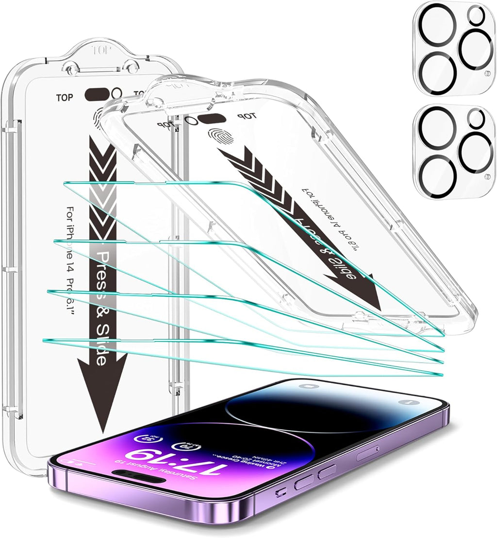 EZ-GLAZ-4 Pack for iPhone 14 Pro Screen Protector[6.1"] With 2 Pack Camera Lens Protector, 9H+ Hardness 12FT Military Grade Shatterproof Scratch Resistant Durable Tempered Glass Film with Flawless Fit Kit, HD Clear