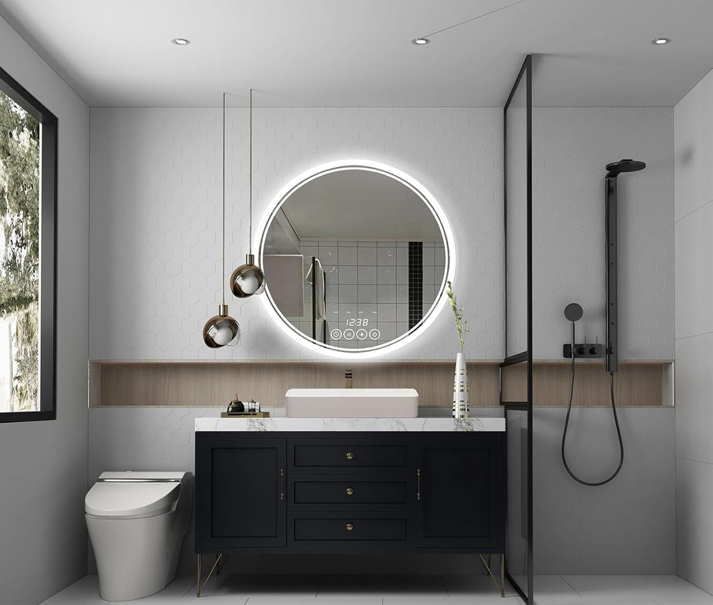 Wall-Mounted Round Bathroom Mirror with LED-Lights - 32 Inch Vanity Mirrors with Dimmable (32" x 32",Frameless)