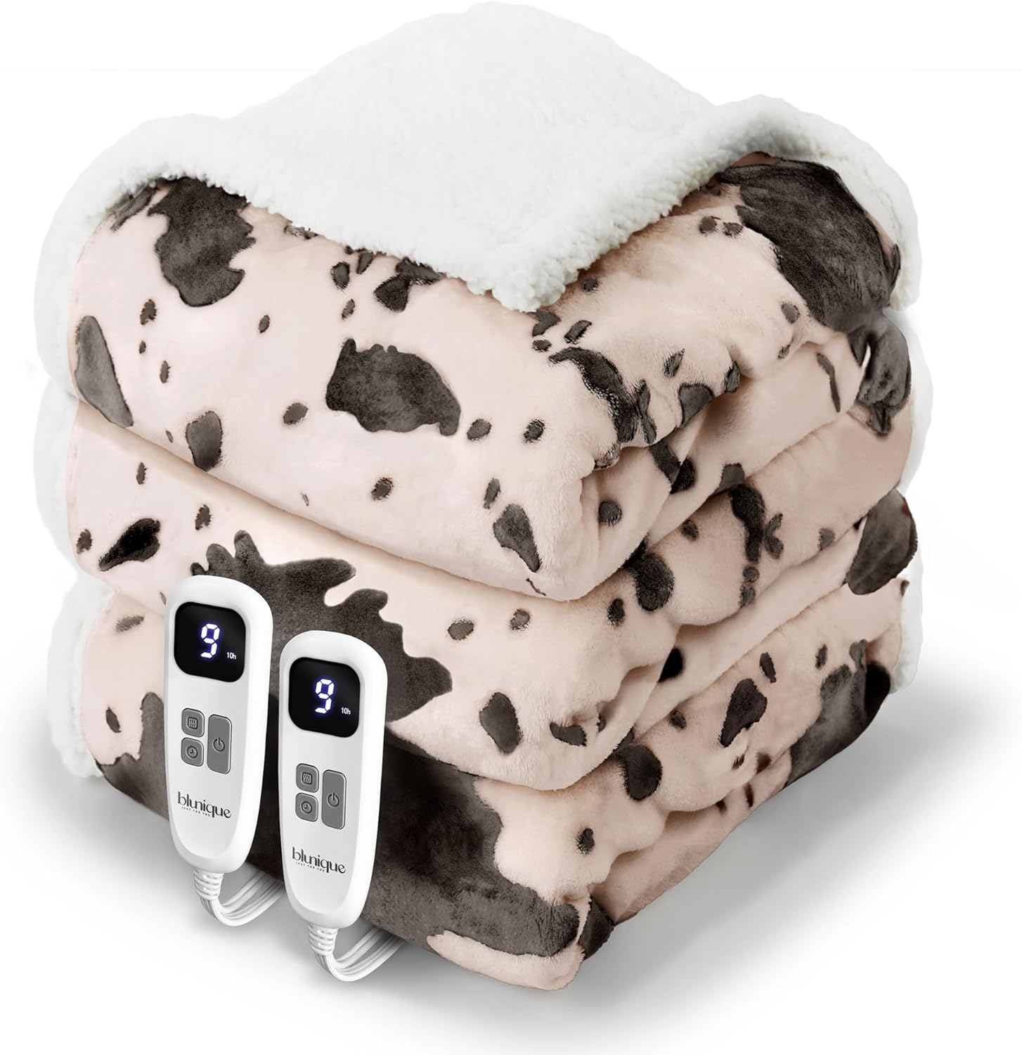 Cow Print Heated Electric Blanket King Size-Dual Control Heating Blanket King Size with 10 Heat Levels & 10 Hours Auto-Off, Cozy Soft Fleece Sherpa, Washable, 90x100 Inche Light Coral