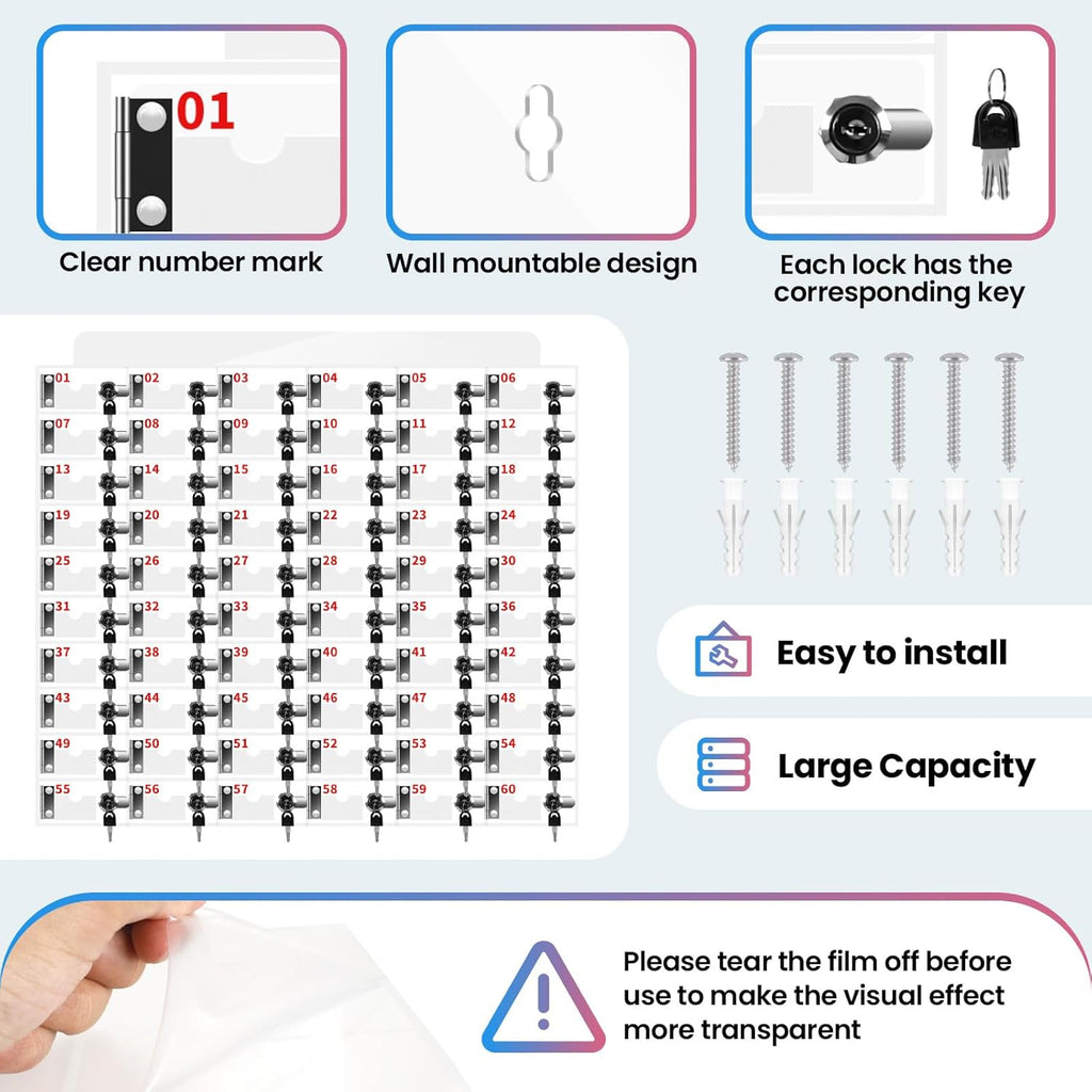 60 Slots Cell Phone Locker Box for Classroom with Door Locks and Keys Clear Acrylic Cell Phone Lock Storage Cabinet Wall Mounted for School Factory Office