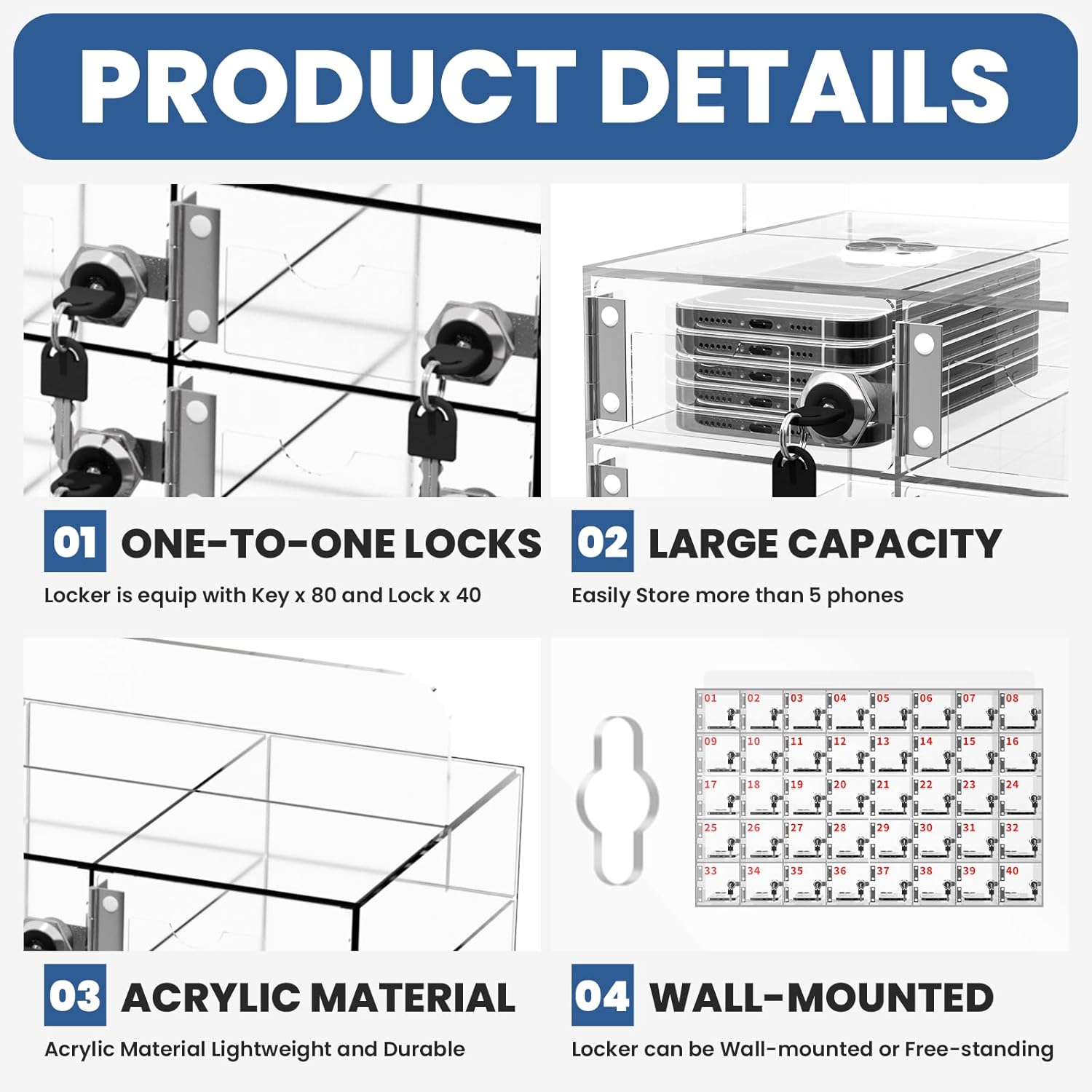 Cell Phone Locker 100 Slots, Wall-Mounted Cell Phone Lock Box with Keys, Acrylic Cell Phone Storage Locker for Employees Office Classroom Gym, Clear Cell Phone Locker Cabinet for Storage (40 Slots)